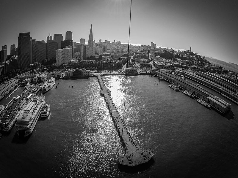San Francisco waterfront from kite, black and white